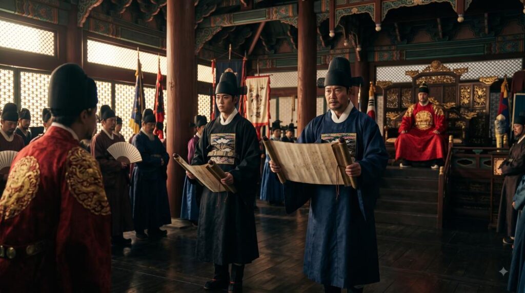 조선통신사 정사와 부사가 선조 앞에서 상반된 정세 보고를 올리는 모습