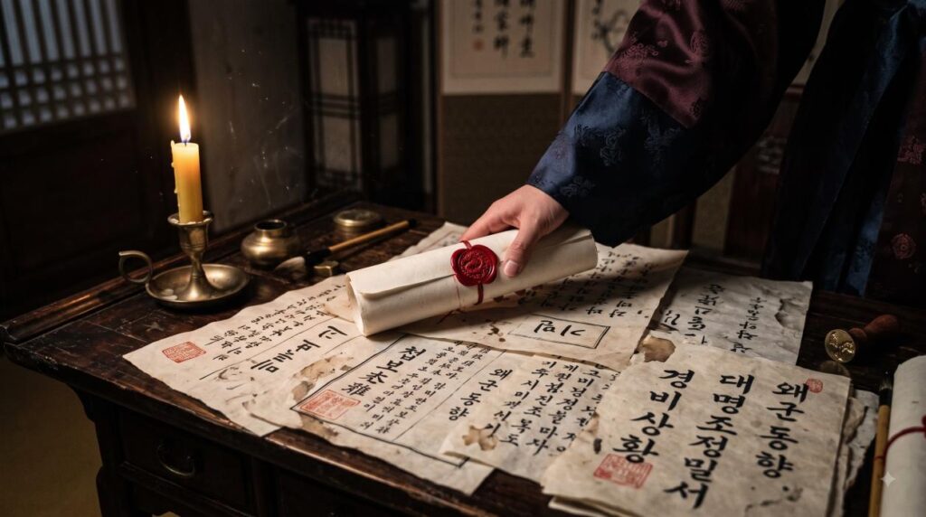 전란 속, 촛불 하나에 의지해 비밀스러운 첩보 문서와 밀고서를 심각하게 검토하는 조선 관료의 손과 문서들.
