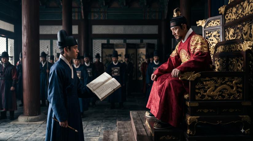 상에 앉아 위협적인 눈빛을 보내는 태종과 이에 굴하지 않고 붓과 사초를 쥐고 있는 사관의 대치