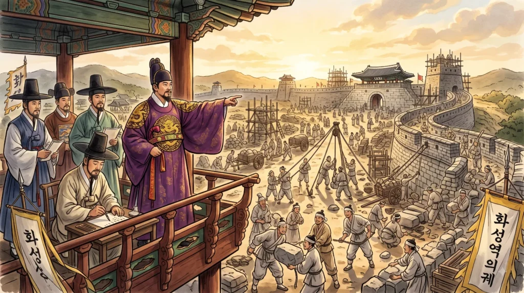 조선시대 정조 대왕이 건설 현장을 직접 살피며 백성들을 따뜻한 눈빛으로 바라보고 있다. 강제 부역 대신 정당한 대가를 지급하여 자발적인 참여를 이끌어낸 인본주의 리더십의 현장.