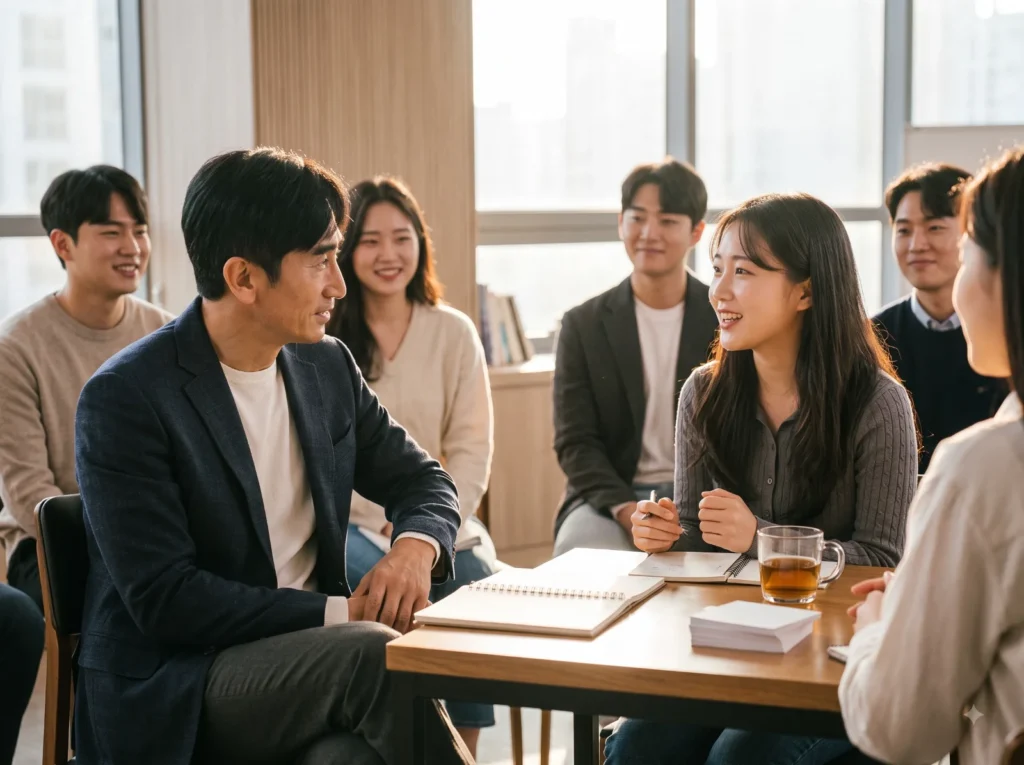 청년들의 이야기에 귀 기울이며 진심 어린 조언을 건네는 따뜻한 멘토의 모습