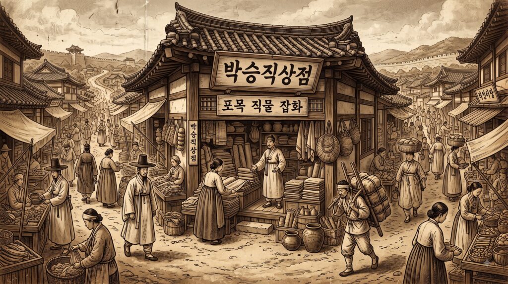 9세기 말 서울 배오개 시장의 박승직 상점 거리 풍경을 재현한 빈티지 일러스트