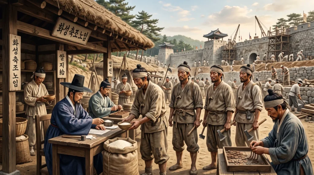 거친 나무 탁자 위에 놓인 조선시대 엽전 꾸러미와 소복한 쌀 한 그릇. 당시 일반 잡부의 하루 일당으로 쌀 0.75말을 살 수 있었음을 보여주는 실물 자료.