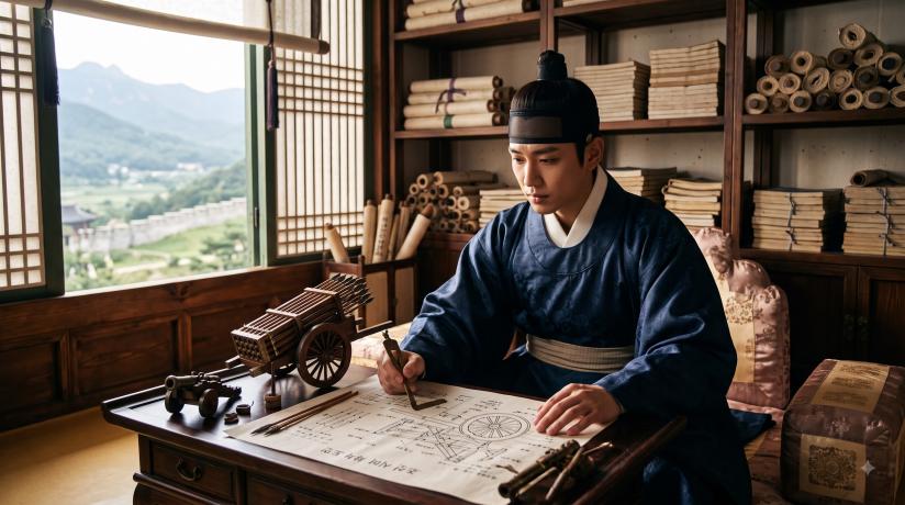 조선 시대 왕실 서재에서 세자 문종이 화차 설계도와 기계식 화약 무기 모형을 검토하고 있다. 학자풍의 진지한 표정으로 병기와 진법 연구에 몰두하는 문종의 모습.