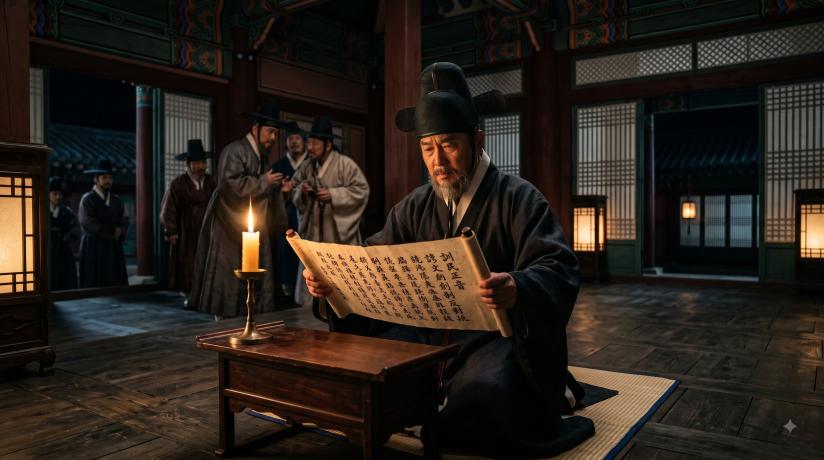 조선시대 사정전에서 밤늦게 촛불 아래 세종대왕에게 올릴 언문 창제 반대 상소문을 비장한 표정으로 읽고 있는 집현전 학사 최만리의 모습